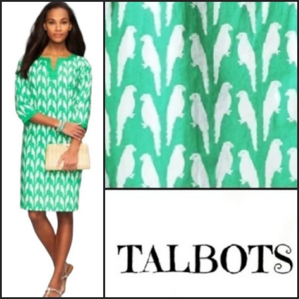 TALBOTS Green & White Cotton Tropical Parrot Print Shift Dress 2.